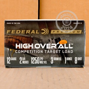 Photo detailing the 12 GAUGE FEDERAL HIGH OVER ALL 2-3/4" 1 OZ. #8 SHOT (25 ROUNDS) for sale at AmmoMan.com.