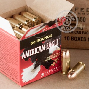 Photo detailing the 45 ACP FEDERAL AMERICAN EAGLE 230 GRAIN FMJ (500 ROUNDS) for sale at AmmoMan.com.