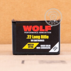 Photograph showing detail of 22 LR - 40 Grain LRN - Wolf Match Extra - 50 Rounds