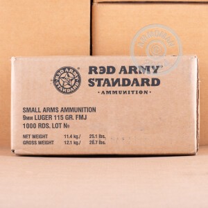A photograph detailing the 9mm Luger ammo with FMJ bullets made by Red Army Standard.
