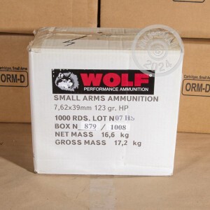 Image of the 7.62X39MM WOLF 123 GRAIN UKRAINE JHP HOLLOW POINT (1000 ROUNDS) available at AmmoMan.com.