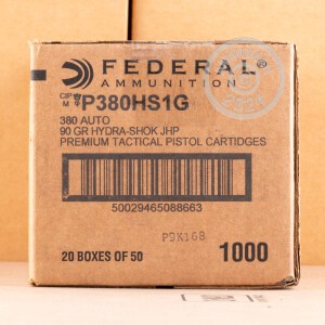 Photo detailing the 380 ACP FEDERAL LAW ENFORCEMENT 90 GRAIN HYDRA SHOK JHP (50 ROUNDS) for sale at AmmoMan.com.