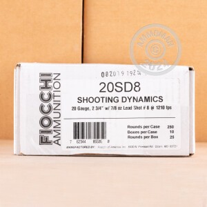Photo detailing the 20 GAUGE FIOCCHI 2-3/4" 7/8 OZ. #8 SHOT (25 ROUNDS) for sale at AmmoMan.com.