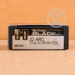 Photo detailing the 22 ARC HORNADY BLACK 75 GRAIN ELD MATCH (20 ROUNDS) for sale at AmmoMan.com.