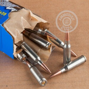 Image detailing the zinc plated steel case and berdan primers on 30 rounds of Silver Bear ammunition.