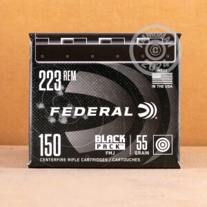 Photo detailing the 223 REM FEDERAL BLACK PACK 55 GRAIN FMJ (600 ROUNDS) for sale at AmmoMan.com.