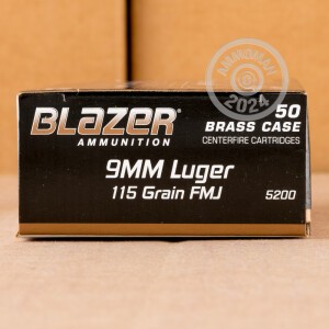 Photo detailing the 9MM LUGER BLAZER BRASS 115 GRAIN FMJ (50 ROUNDS) for sale at AmmoMan.com.