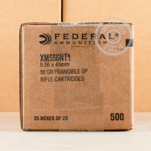 Photo detailing the 5.56X45 FEDERAL AMERICAN EAGLE 50 GRAIN SP FRANGIBLE (500 ROUNDS) for sale at AmmoMan.com.