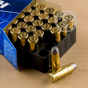 A photograph detailing the 44-40 WCF ammo with Lead Flat Nose bullets made by Magtech.