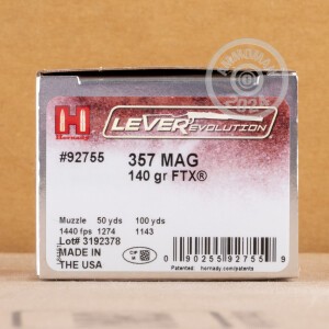 Photograph showing detail of 357 MAGNUM HORNADY LEVEREVOLUTION 140 GRAIN JHP FTX (25 ROUNDS)