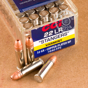 Photograph of .22 Long Rifle ammo with copper plated hollow point ideal for hunting varmint sized game.