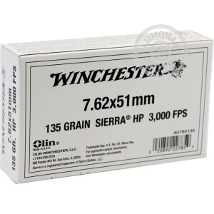 Photograph showing detail of 7.62X51 WINCHESTER 135 GRAIN HP (20 ROUNDS)