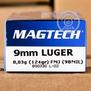 Photo detailing the 9MM LUGER MAGTECH 124 GRAIN FMJ NATO (50 ROUNDS) for sale at AmmoMan.com.