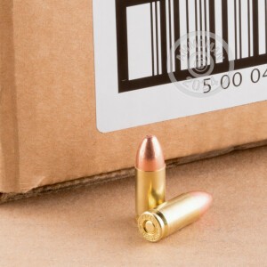 A photograph detailing the 9mm Luger ammo with FMJ bullets made by Blazer Brass.