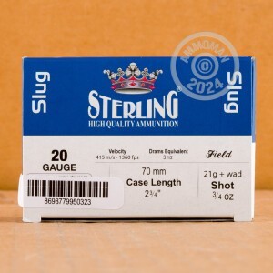 Picture of 2-3/4" 20 Gauge ammo made by Sterling in-stock now at AmmoMan.com.