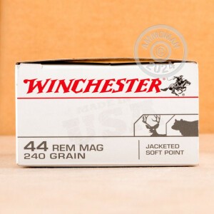 A photograph detailing the 44 Remington Magnum ammo with Jacketed Soft-Point (JSP) bullets made by Winchester.