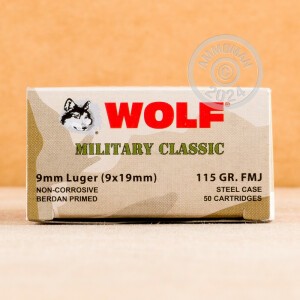Photo detailing the 9MM LUGER WOLF WPA 115 GRAIN FMJ (500 ROUNDS) for sale at AmmoMan.com.