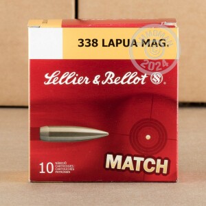 A photograph of 10 rounds of 250 grain 338 Lapua Magnum ammo with a Hollow-Point Boat Tail (HP-BT) bullet for sale.
