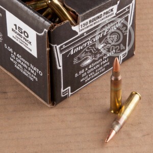 A photograph of 150 rounds of 55 grain 5.56x45mm ammo with a Full Metal Jacket (FMJ) bullet for sale.