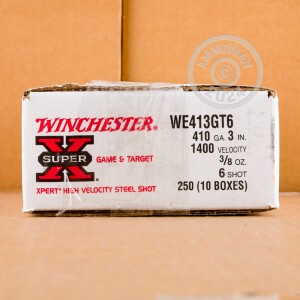 Photo detailing the 410 BORE WINCHESTER SUPER-X 3" 3/8 OZ. #6 STEEL SHOT (250 ROUNDS) for sale at AmmoMan.com.