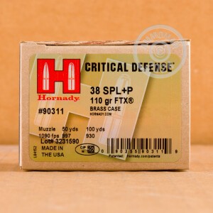 Photograph showing detail of 38 SPECIAL +P HORNADY CRITICAL DEFENSE 110 GRAIN JHP (250 ROUNDS)