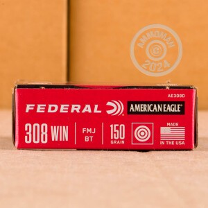 Photograph showing detail of 308 WIN FEDERAL AMERICAN EAGLE 150 GRAIN FMJ (20 ROUNDS)