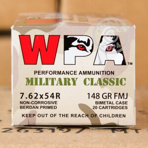 Image of the 7.62X54R WOLF MILITARY CLASSIC 148 GRAIN FMJ (500 ROUNDS) available at AmmoMan.com.