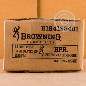 A photograph of bulk .22 Long Rifle ammo made by Browning at AmmoMan.com.