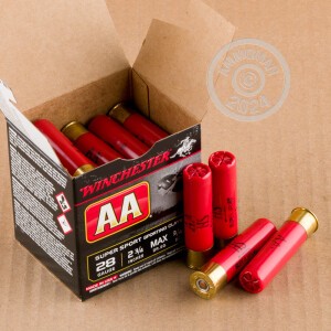 Photo detailing the 28 GAUGE WINCHESTER AA 2-3/4" 3/4 OZ. #8 SHOT (250 ROUNDS) for sale at AmmoMan.com.