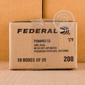 Image of the 380 ACP FEDERAL PREMIUM PERSONAL DEFENSE 99 GRAIN HST JHP (20 ROUNDS) available at AmmoMan.com.