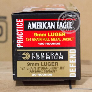 Photo detailing the 9MM LUGER FEDERAL COMBO PACK 124 GRAIN JHP/FMJ (120 ROUNDS) for sale at AmmoMan.com.