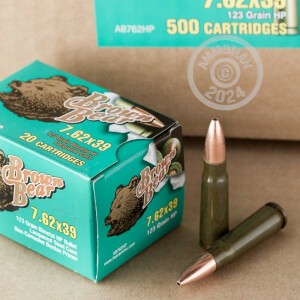 A photograph of 20 rounds of 123 grain 7.62 x 39 ammo with a HP bullet for sale.