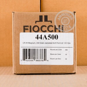 Photo detailing the 44 MAGNUM FIOCCHI 240 GRAIN JSP (500 ROUNDS) for sale at AmmoMan.com.