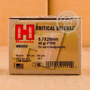 Photo detailing the 5.7X28MM HORNADY CRITICAL DEFENSE 40 GRAIN JHP (25 ROUNDS) for sale at AmmoMan.com.