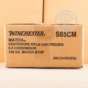 A photograph of 20 rounds of 140 grain 6.5MM CREEDMOOR ammo with a Hollow-Point Boat Tail (HP-BT) bullet for sale.