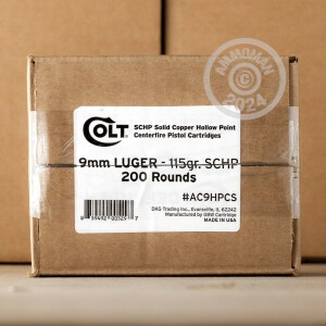Photo of 9mm Luger Jacketed Hollow-Point (JHP) ammo by Colt for sale at AmmoMan.com.