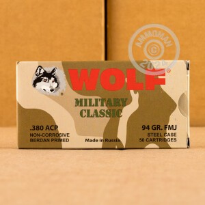 Image of the 380 AUTO WOLF MILITARY CLASSIC 94 GRAIN FULL METAL JACKET (50 ROUNDS) available at AmmoMan.com.
