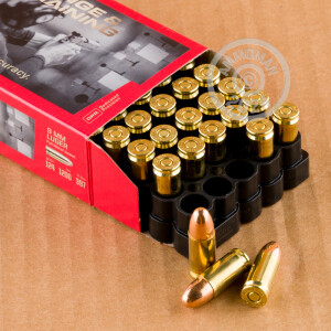 A photograph of 50 rounds of 124 grain 9mm Luger ammo with a FMJ bullet for sale.