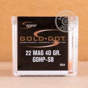 Photograph showing detail of 22 WMR SPEER GOLD DOT SHORT BARREL 40 GRAIN JHP (50 ROUNDS)