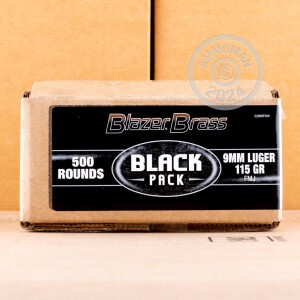 Image of the 9MM LUGER BLAZER BRASS BLACK 115 GRAIN FMJ (500 ROUNDS) available at AmmoMan.com.
