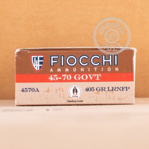 A photograph detailing the 45-70 Government ammo with Lead Round Nose (LRN) bullets made by Fiocchi.