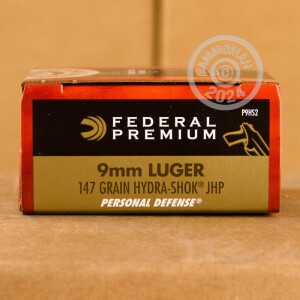 Photo detailing the 9MM FEDERAL PREMIUM 147 GRAIN HYDRA-SHOK JACKETED HOLLOW POINTS (20 ROUNDS) for sale at AmmoMan.com.