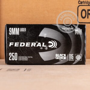 Photo detailing the 9MM FEDERAL BLACK PACK 115 GRAIN FMJ (1000 ROUNDS) for sale at AmmoMan.com.