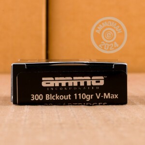 A photograph detailing the 300 AAC Blackout ammo with V-MAX bullets made by Ammo Incorporated.