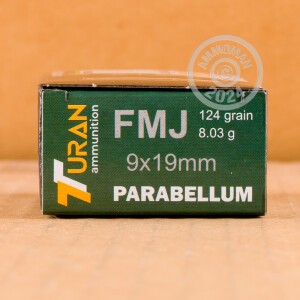 A photograph detailing the 9mm Luger ammo with FMJ bullets made by Turan.