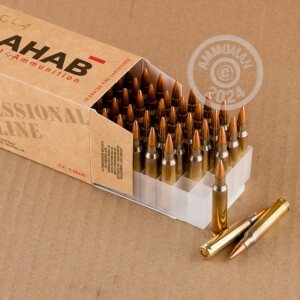 A photograph detailing the 5.56x45mm ammo with Full Metal Jacket (FMJ) bullets made by Lahab Ammunition.