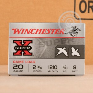 Photo detailing the 20 GAUGE WINCHESTER SUPER-X  2-3/4" 7/8 OZ. #8 SHOT (25 ROUNDS) for sale at AmmoMan.com.