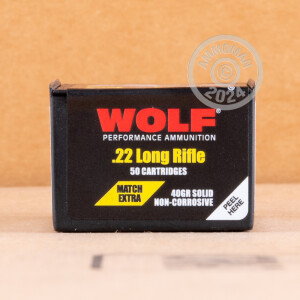 Photo detailing the 22 LR WOLF MATCH EXTRA 40 GRAIN LRN (500 ROUNDS) for sale at AmmoMan.com.