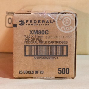 A photograph detailing the 308 / 7.62x51 ammo with FMJ bullets made by Federal.
