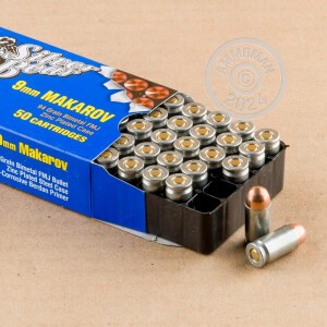 A photograph detailing the 9x18 Makarov ammo with FMJ bullets made by Silver Bear.